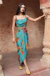 Buy_Ruhr India_Blue Lining Lycra, Viscose Silk Floral Print, Draped Skirt And Blouse Set _at_Aza_Fashions
