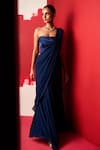 Buy_Ridhi Mehra_Blue Saree Georgette Plain Straight Shiza Pre-draped With Corset  _at_Aza_Fashions