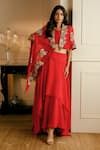 Buy_Nehha Nhata_Red Silk, Organza Embroidery V-neck Hand Cape With Layered Skirt Set _at_Aza_Fashions