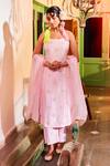 Buy_Mona And Vishu_Pink Dupion Silk, Dupatta Organza Pearl And Cut Floral Embroidered Kurta Set _at_Aza_Fashions