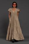 Buy_Mati_Beige 100% Cotton Plunge V Neck Tiered Solid Gown _at_Aza_Fashions