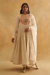 Buy_Taisha_Off White , Organza Pearls, Lotus Yoke Anarkali Churidar Set _at_Aza_Fashions