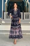 Buy_Bairaas_Blue Rayon Embellished Russian Block Pattern And Stone Work Notched Round Dress_at_Aza_Fashions