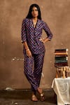 Buy_Label Kinjal Modi_Blue Cotton Silk Printed Lotus Shawl Collar Blazer And Pant Set _at_Aza_Fashions