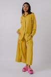 Buy_Tussah By Siddhi Shah_Yellow Cotton Collared Back Cut Work Panelled Shirt And Pant Set _at_Aza_Fashions