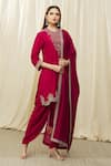 Buy_JAYANTI REDDY_Red Silk Embroidery Aari Round Scallop Hem Tunic Set  _at_Aza_Fashions