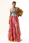 Buy_Mahima Mahajan_Multi Color Organza Satin Printed Floral Cape Open Short Jacket Lehenga Set_at_Aza_Fashions