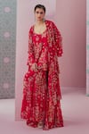 Buy_Krisha Sunny Ramani_Fuchsia Crepe, Georgette Beads, Embroidery V-neck Jhumka Print Cape Sharara Set _at_Aza_Fashions