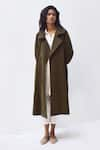 Buy_Kharakapas_Green Heavy Twill Lapel Double Breasted Trench Coat  _at_Aza_Fashions