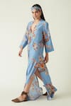 Buy_Payal Pratap_Blue Linen Satin Print Floral V Neck Malino Kaftan  _at_Aza_Fashions