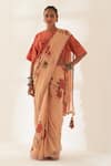 Buy_Kasturi Kundal_Orange Gulmohar Pure Linen Handloom Saree With Unstitched Blouse  _at_Aza_Fashions