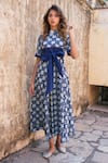 Buy_The Home Affair_Blue Cotton Block Printed Floral Patten High Neck Dress _at_Aza_Fashions