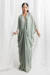 Buy_Seema Thukral_Green Chiffon Placement Hand Embroidery Anchor Threads V Neck Draped Kaftan _at_Aza_Fashions