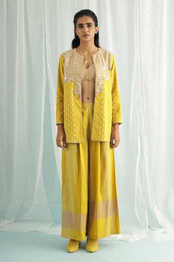 Buy_Surbhi Gupta_Yellow Cotton, Silk Sequins, Beads Canary Kai Geometric Print Jacket Palazzo Set _at_Aza_Fashions