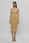 Buy_Deme By Gabriella_Beige Malai Lycra High Neck Cold Shoulder Bodycon Dress_at_Aza_Fashions