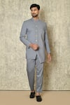 Buy_Aryavir Malhotra_Grey Cotton Silk Lycra Plain Asymmetric Placket Bandhgala And Pant Set _at_Aza_Fashions