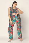 Buy_Two Sisters By Gyans_Blue Crepe Open , Square Flower Print Jacket And Pant Set _at_Aza_Fashions