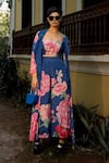 Buy_Paulmi And Harsh_Blue Crepe Embroidery Sweetheart Neck, Blooming Floral Print Jacket And Pant Set _at_Aza_Fashions