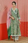 Buy_Myaara_Green Cotton, Organza Embroidery, Mirrors V-neck Floral Print Anarkali Set _at_Aza_Fashions