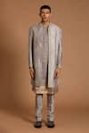 Buy_Rar Studio_Grey Chanderi Handloom Woven Dori Hand Embroidered Work Sherwani Set  _at_Aza_Fashions