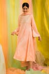 Buy_Kacha Tanka_Peach Anarkali And Pant Cotton Voile Embroidery Bell Sleeve Set _at_Aza_Fashions