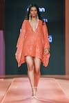 Buy_Arpita Mehta_Orange Georgette Hand Embroidered Sequins Plunge V Neck Short Kaftan _at_Aza_Fashions