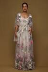 Buy_Shriya Som_Off White Tulle Pearls Plunge Neck Floral Thread Embroidered Gown _at_Aza_Fashions