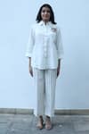 Buy_Linen Bloom_White 100% Linen Embroidery Thread Spread Collar Patch Pocket Kitten Shirt _at_Aza_Fashions