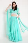 Buy_Bha Sha_Blue Lehenga And Blouse Muslin Printed Bandhani Leaf Neck Vanika Set _at_Aza_Fashions