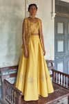 Buy_17:17 By Simmi Saboo_Yellow Muslin Silk Leaf, Bead Bustier V Neck, Jacket Embroidered Skirt Set_at_Aza_Fashions