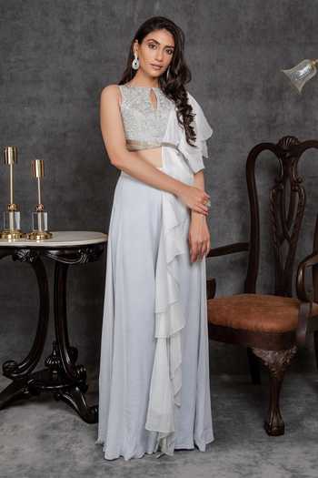 Buy_Sunita Bhandari_Blue Viscose, Crepe, Organza Cut Work Boat Embroidered Out Blouse Sharara Set _at_Aza_Fashions