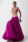 Buy_Rishi and Vibhuti_Pink Taffeta And Raw Embroidered Trims One Shoulder Bralette & Skirt Set _at_Aza_Fashions