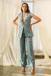 Buy_Pasha India_Green Linen Floral Pattern Notched Lapel Jacket And Pant Set _at_Aza_Fashions