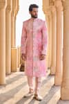 Buy_LASHKARAA_Peach Velvet Printed Floral Sherwani Set _at_Aza_Fashions