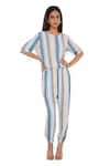 Buy_PS Pret by Payal Singhal_Blue Rayon Stripe Round Top And Joggers Set  _at_Aza_Fashions