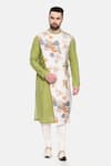 Buy_Mayank Modi - Men_Green Linen Printed Floral Long Kurta And Pant Set _at_Aza_Fashions