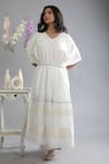 Buy_KHAT_White Mulmul Cotton Striped Pattern V Neck And Tiered Kaftan  _at_Aza_Fashions