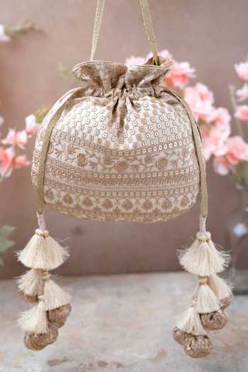 Buy_Amyra_Off White Embroidery, Tassels Floral Potli Bag _at_Aza_Fashions