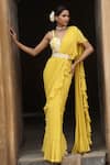 Buy_Nitisha Kashyap Official_Yellow Uppada Silk Embroidery Pre-draped Georgette Ruffle Saree Set  _at_Aza_Fashions