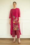 Buy_Oja_Pink Tunic  Handloom Linen Silk Embroidered Floral Applique Round And Pant Set _at_Aza_Fashions