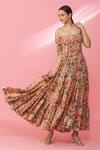 Buy_Naintara Bajaj_Peach Cotton Printed Floral Straight Pattern Off Shoulder Dress _at_Aza_Fashions