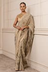 Buy_Tarun Tahiliani_Gold Crepe Printed Floral Pattern Round Saree With Corset _at_Aza_Fashions