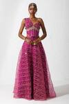 Buy_Rishi and Vibhuti_Pink Net, Organza Stones One Shoulder Rosella Corset And Skirt Set_at_Aza_Fashions