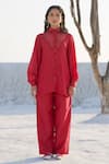 Buy_The Loom Art_Red Handwoven Chanderi Silk Embroidered Shirt Collar Button Down And Pant Set _at_Aza_Fashions