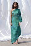 Buy_ZWAAN_Green Satin Plain One Shoulder Pleated Asymmetric Gown  _at_Aza_Fashions