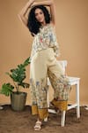 Buy_Soup By Sougat Paul_Yellow Cotton, Silk Embroidery Round Bird And Tile Print Flared Pant Co-ord Set _at_Aza_Fashions