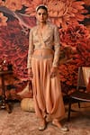 Buy_Moledro_Peach Jacket Banarasi Brocade Embroidered Beads V Collar Ina And Harem Pant Set _at_Aza_Fashions