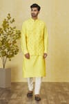 Buy_Priyanka Haralalka_Yellow Brocade, Silk Sequins Embroidered Bundi Kurta Set _at_Aza_Fashions