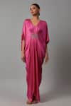 Buy_The Aarya_Pink Satin Embroidered Beads V Neck Kaftan _at_Aza_Fashions