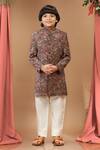 Buy_Kora By Nilesh Mitesh_Maroon Velvet, Cotton Sequins, Embroidery Mughal Print Sherwani Set_at_Aza_Fashions